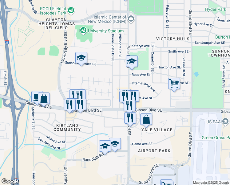 map of restaurants, bars, coffee shops, grocery stores, and more near 1900 Buena Vista Drive Southeast in Albuquerque