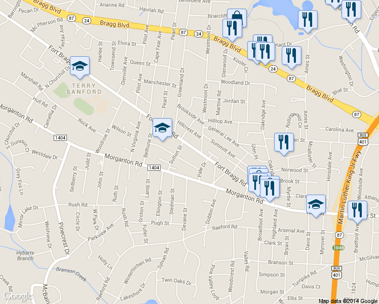 map of restaurants, bars, coffee shops, grocery stores, and more near 1518 Fort Bragg Road in Fayetteville