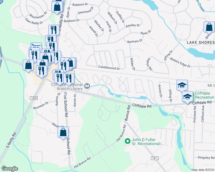 map of restaurants, bars, coffee shops, grocery stores, and more near 6856 Cinnamon Creek Circle in Fayetteville