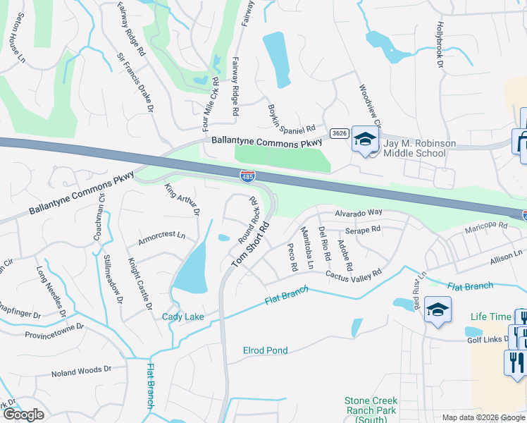 map of restaurants, bars, coffee shops, grocery stores, and more near 10706 Tom Short Road in Charlotte