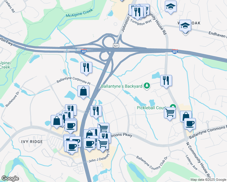 map of restaurants, bars, coffee shops, grocery stores, and more near 13328 Ballantyne Corporate Pl in Charlotte
