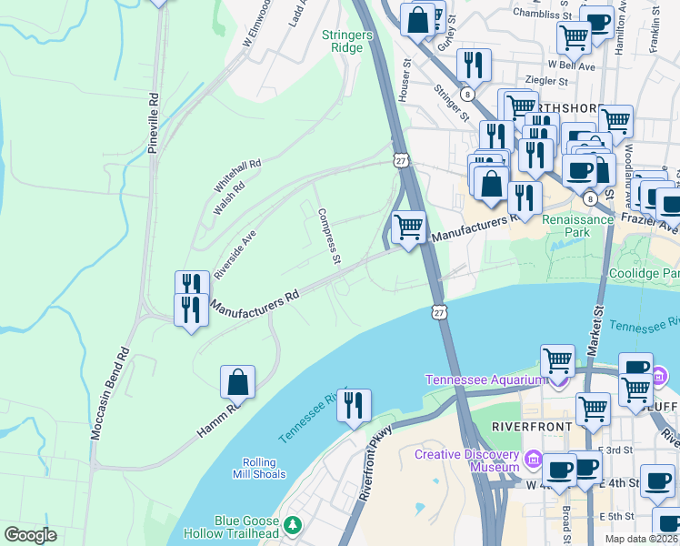 map of restaurants, bars, coffee shops, grocery stores, and more near 200 Compress Street in Chattanooga