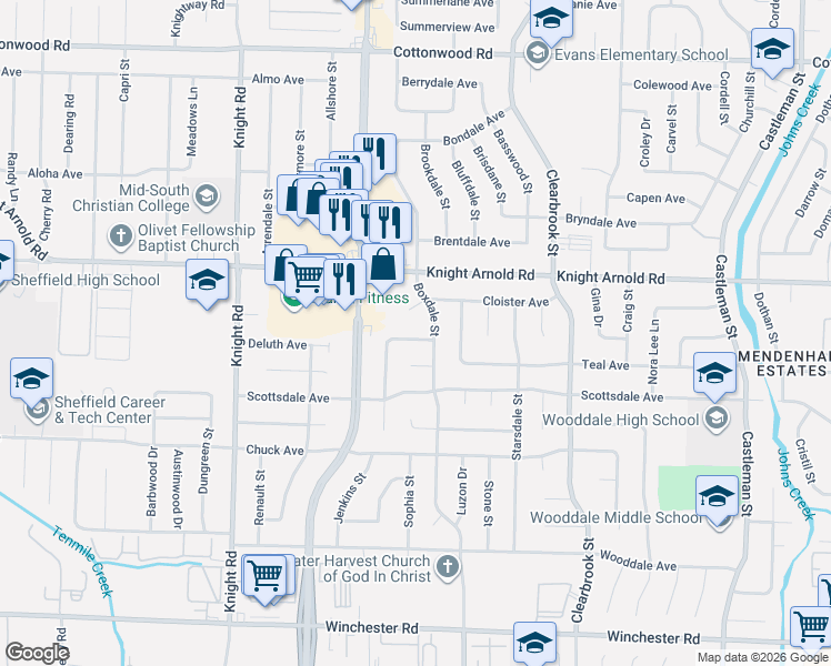 map of restaurants, bars, coffee shops, grocery stores, and more near 4785 Cloister Cove in Memphis
