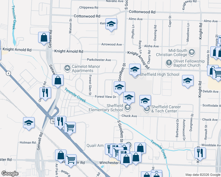 map of restaurants, bars, coffee shops, grocery stores, and more near 3215 Dorchester Street in Memphis