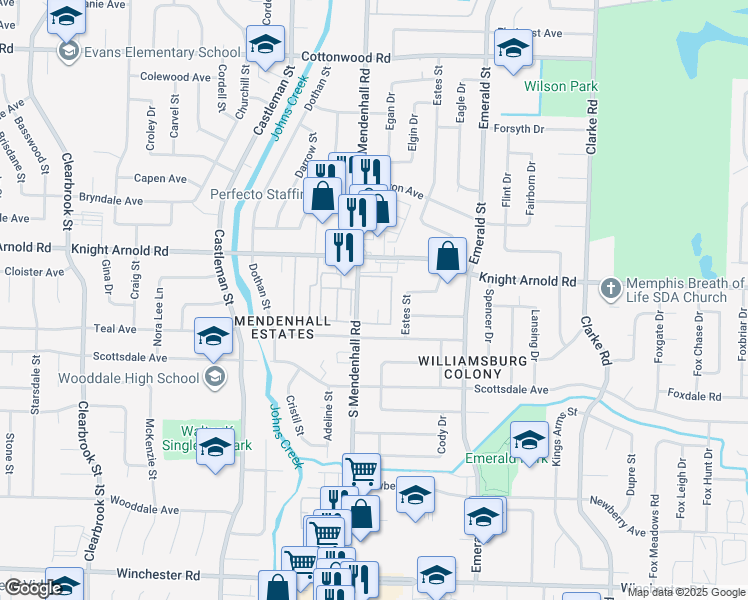 map of restaurants, bars, coffee shops, grocery stores, and more near 3218 13 Colony Mall in Memphis