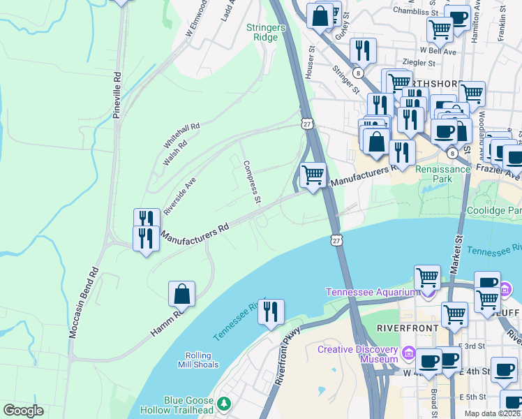 map of restaurants, bars, coffee shops, grocery stores, and more near 200 Compress Street in Chattanooga