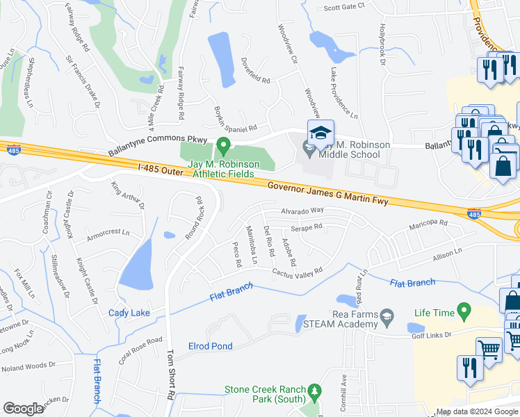 map of restaurants, bars, coffee shops, grocery stores, and more near 10431 Alvarado Way in Charlotte