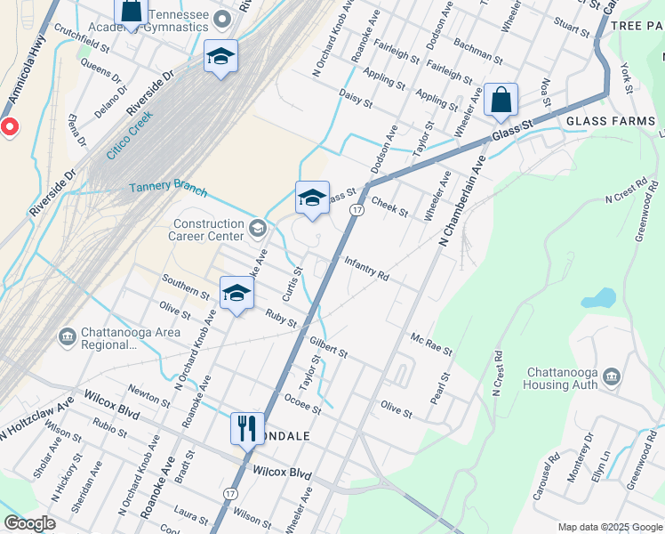 map of restaurants, bars, coffee shops, grocery stores, and more near 2093 Dodson Avenue in Chattanooga