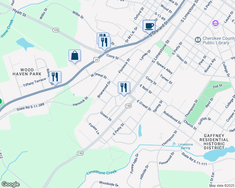 map of restaurants, bars, coffee shops, grocery stores, and more near 109 West Oneal Street in Gaffney