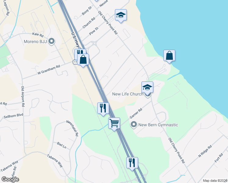 map of restaurants, bars, coffee shops, grocery stores, and more near 415 Hart Drive in New Bern