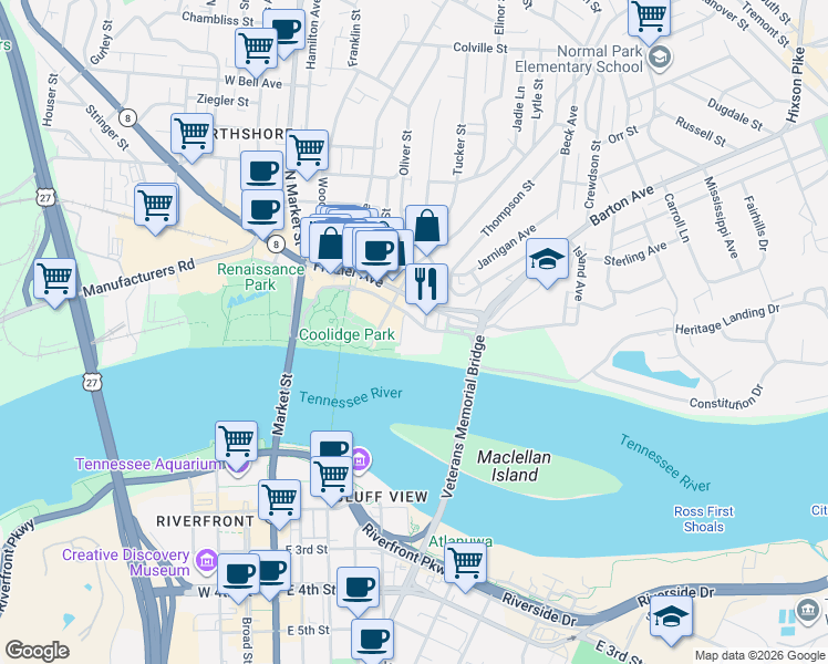 map of restaurants, bars, coffee shops, grocery stores, and more near 440 Frazier Avenue in Chattanooga
