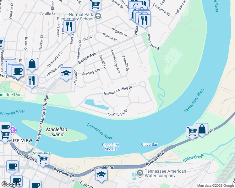 map of restaurants, bars, coffee shops, grocery stores, and more near 2003 Clearfield Lane in Chattanooga