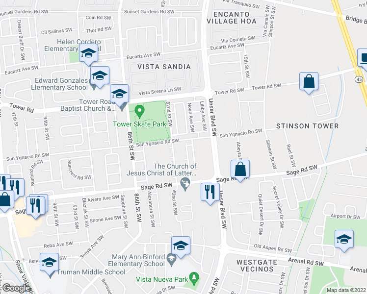 map of restaurants, bars, coffee shops, grocery stores, and more near 815 Corel Drive Southwest in Albuquerque
