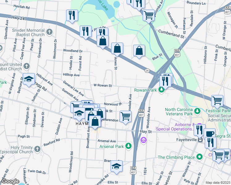 map of restaurants, bars, coffee shops, grocery stores, and more near 1002 Belmont Avenue in Fayetteville