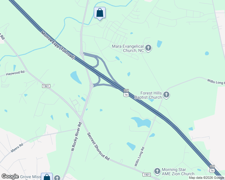 map of restaurants, bars, coffee shops, grocery stores, and more near 3616 North Rocky River Road in Monroe