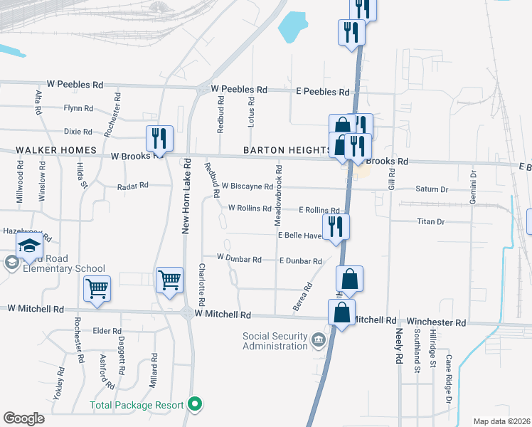 map of restaurants, bars, coffee shops, grocery stores, and more near 14 West Rollins Road in Memphis