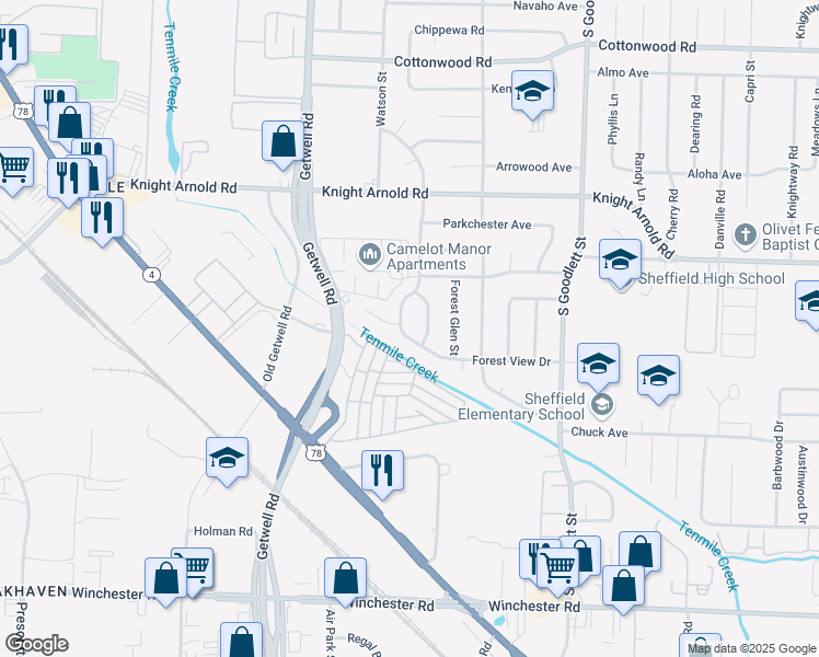 map of restaurants, bars, coffee shops, grocery stores, and more near 3236 Ashwood Street in Memphis