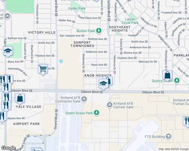 map of restaurants, bars, coffee shops, grocery stores, and more near 3441 Eastern Avenue Southeast in Albuquerque