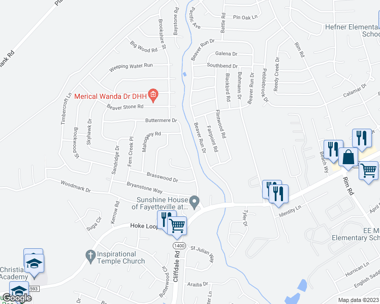 map of restaurants, bars, coffee shops, grocery stores, and more near 6786 Buttermere Drive in Fayetteville