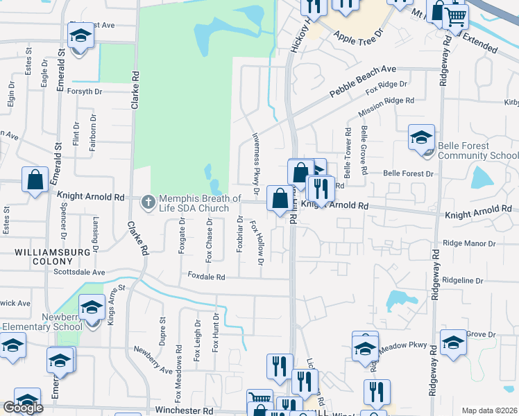 map of restaurants, bars, coffee shops, grocery stores, and more near 5857 Knight Arnold Road in Memphis