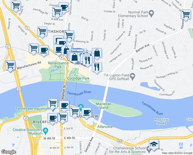 map of restaurants, bars, coffee shops, grocery stores, and more near 500 River Street in Chattanooga