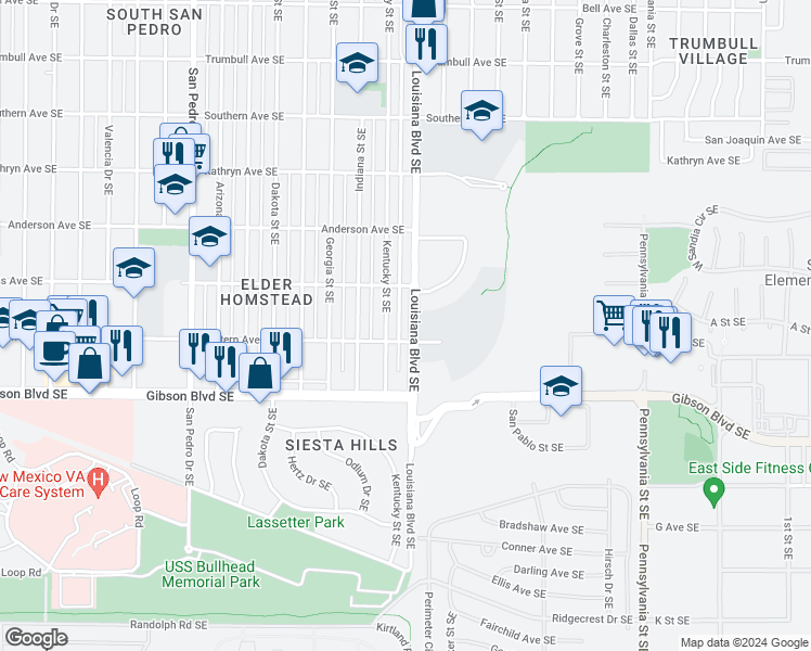 map of restaurants, bars, coffee shops, grocery stores, and more near 1021 Louisiana Boulevard Southeast in Albuquerque