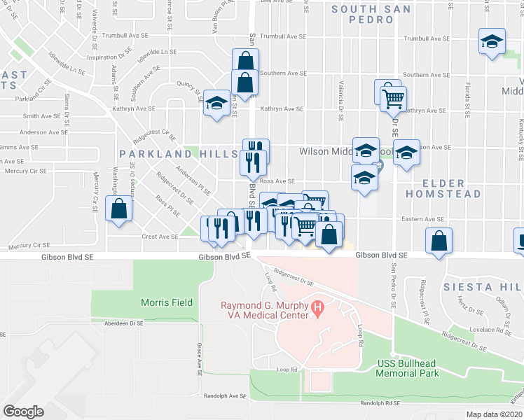 map of restaurants, bars, coffee shops, grocery stores, and more near 1325 Ortiz Drive Southeast in Albuquerque