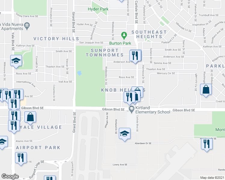 map of restaurants, bars, coffee shops, grocery stores, and more near 3414 Vail Avenue Southeast in Albuquerque