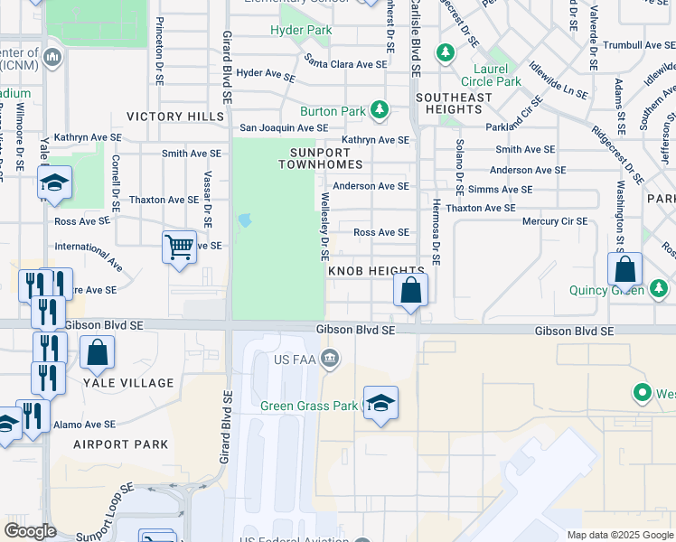 map of restaurants, bars, coffee shops, grocery stores, and more near 3414 Vail Avenue Southeast in Albuquerque