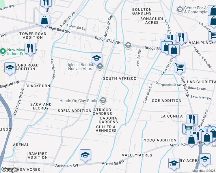 map of restaurants, bars, coffee shops, grocery stores, and more near 2210 Soltana Court Southwest in Albuquerque