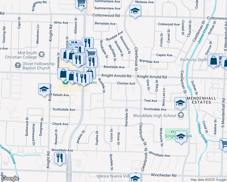 map of restaurants, bars, coffee shops, grocery stores, and more near 3207 Tena Ruth Cove in Memphis
