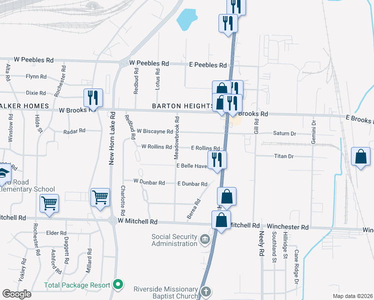 map of restaurants, bars, coffee shops, grocery stores, and more near 26 East Rollins Road in Memphis
