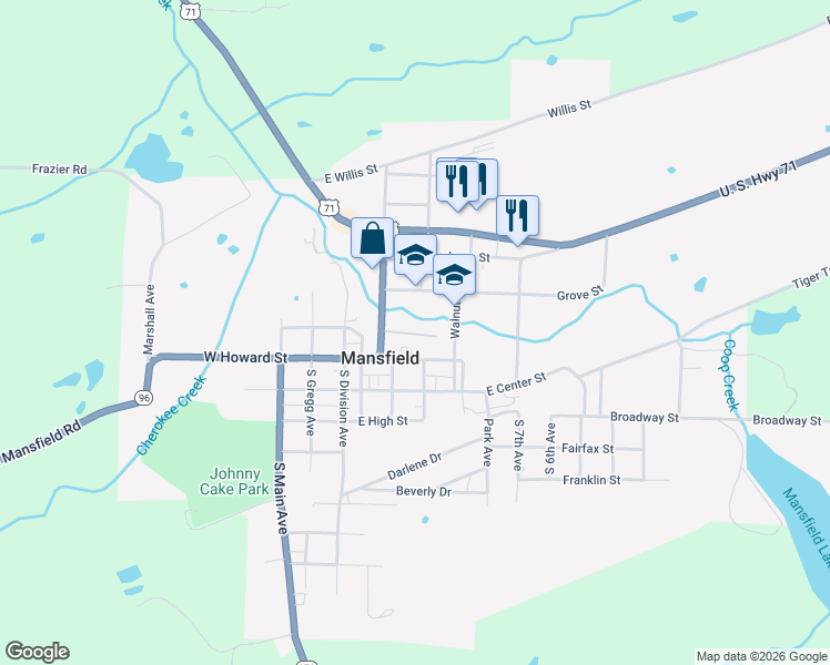 map of restaurants, bars, coffee shops, grocery stores, and more near 301 Grove Street in Mansfield