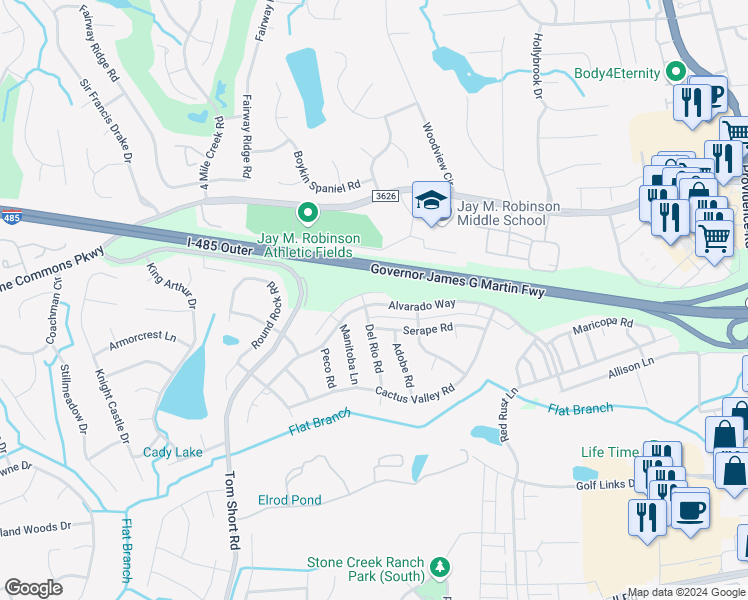 map of restaurants, bars, coffee shops, grocery stores, and more near 10511 Alvarado Way in Charlotte