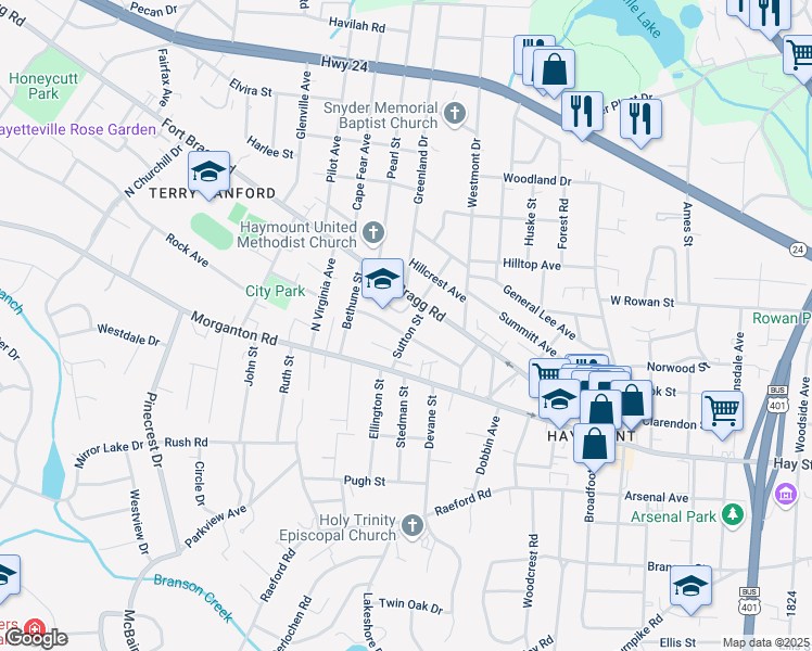 map of restaurants, bars, coffee shops, grocery stores, and more near 203 Sutton Street in Fayetteville