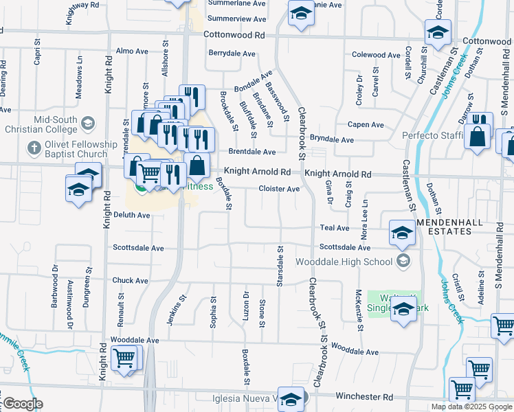 map of restaurants, bars, coffee shops, grocery stores, and more near 3207 Tena Ruth Cove in Memphis