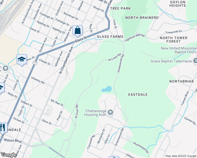 map of restaurants, bars, coffee shops, grocery stores, and more near 2498 Missionary Ridge in Chattanooga