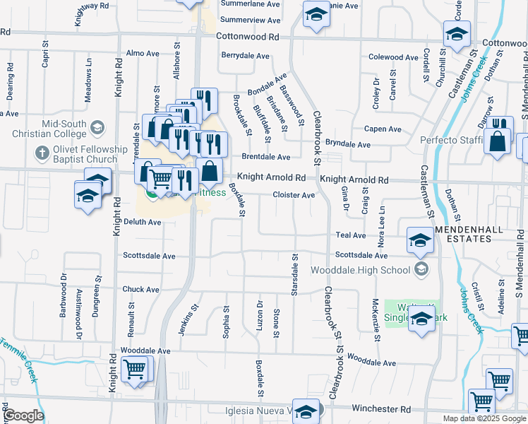map of restaurants, bars, coffee shops, grocery stores, and more near 3207 Tena Ruth Cove in Memphis