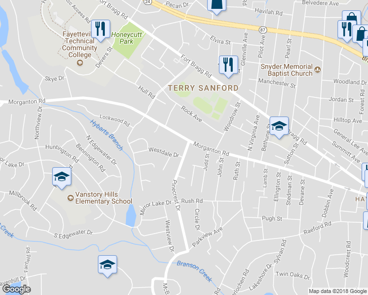 map of restaurants, bars, coffee shops, grocery stores, and more near 106 Pinecrest Drive in Fayetteville