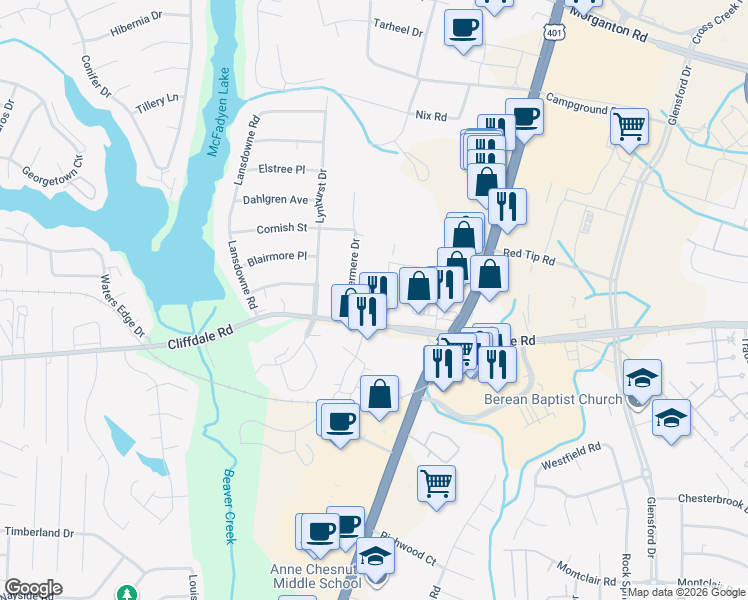 map of restaurants, bars, coffee shops, grocery stores, and more near 481 Sheffield Court in Fayetteville