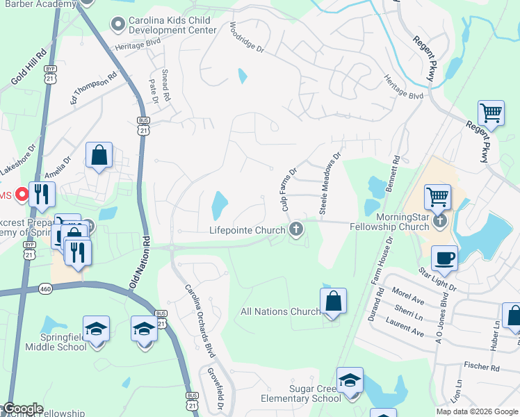 map of restaurants, bars, coffee shops, grocery stores, and more near 3151 Bartlett Street in Fort Mill