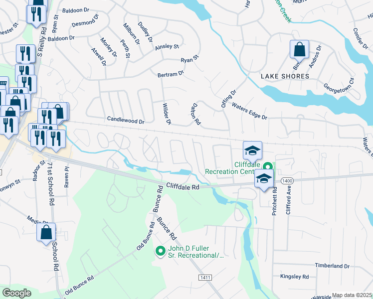 map of restaurants, bars, coffee shops, grocery stores, and more near 683 Bartons Landing Place in Fayetteville