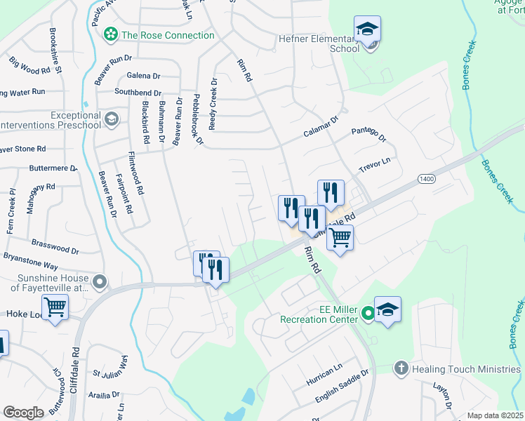map of restaurants, bars, coffee shops, grocery stores, and more near 5003 Spellow Lane in Fayetteville