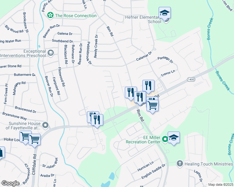 map of restaurants, bars, coffee shops, grocery stores, and more near 5001 Spellow Lane in Fayetteville