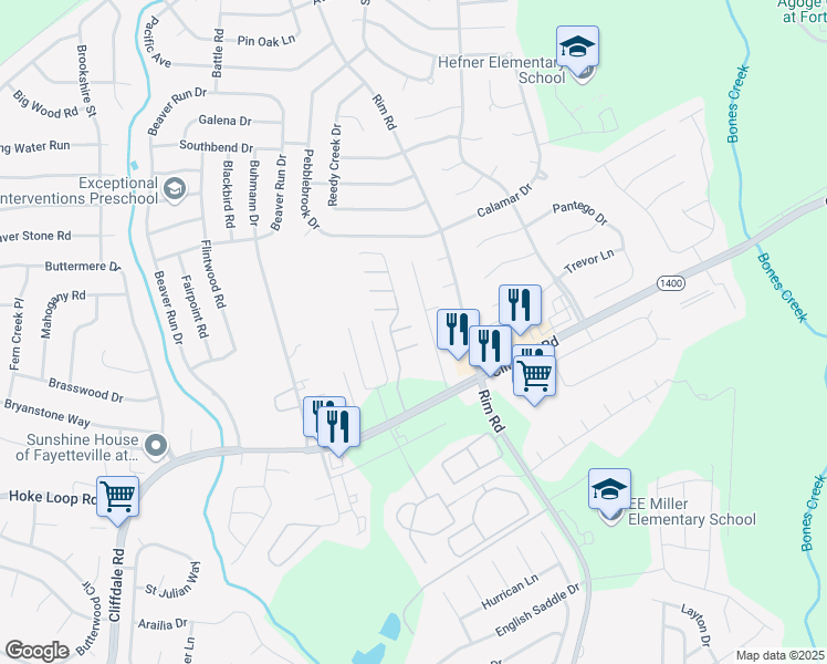 map of restaurants, bars, coffee shops, grocery stores, and more near 5001 Spellow Lane in Fayetteville