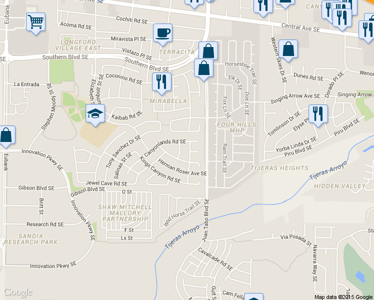 map of restaurants, bars, coffee shops, grocery stores, and more near 11800 Canyonlands Place Southeast in Albuquerque