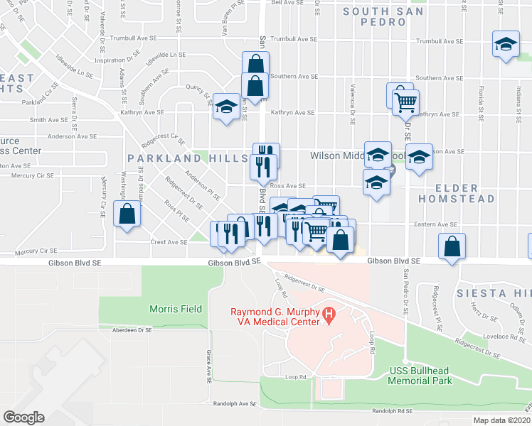 map of restaurants, bars, coffee shops, grocery stores, and more near 1325 Ortiz Drive Southeast in Albuquerque