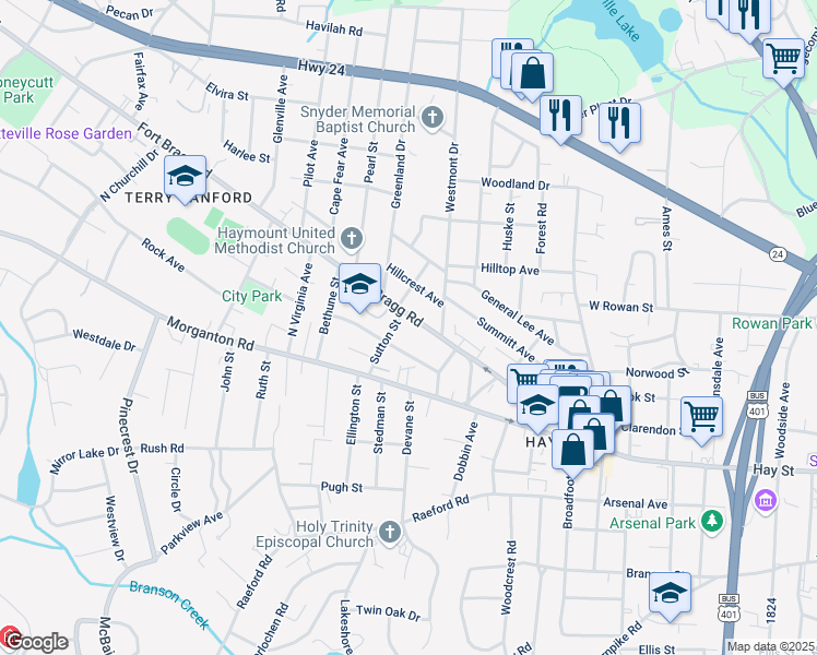 map of restaurants, bars, coffee shops, grocery stores, and more near 1518 Fort Bragg Road in Fayetteville