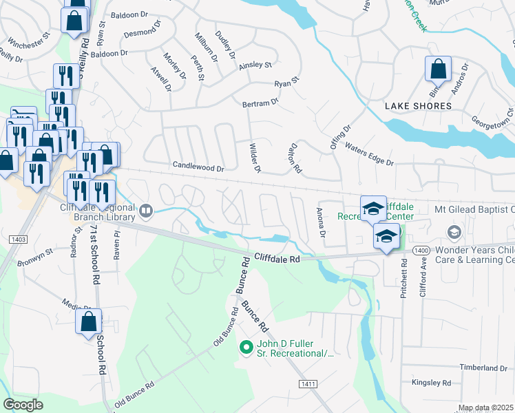 map of restaurants, bars, coffee shops, grocery stores, and more near 673 Bartons Landing Place in Fayetteville