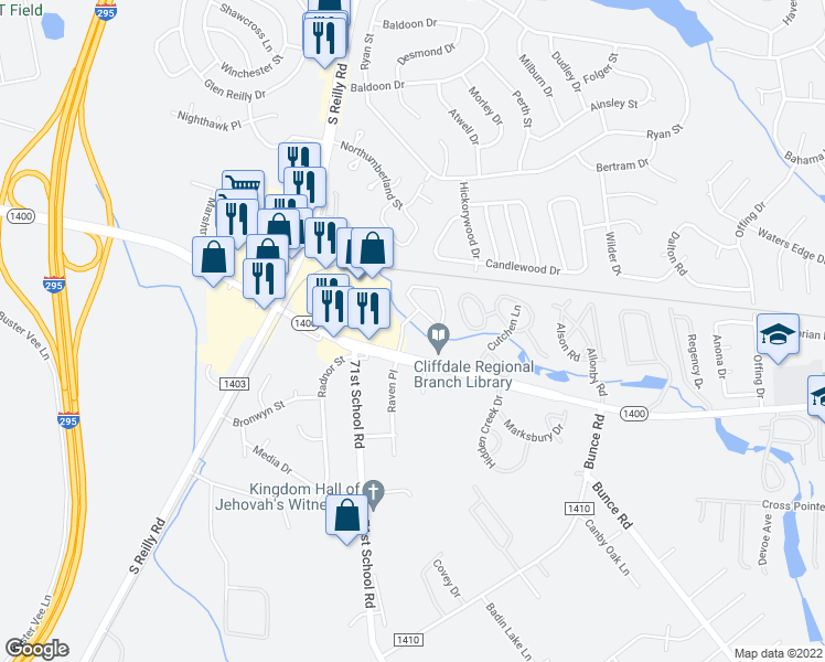 map of restaurants, bars, coffee shops, grocery stores, and more near 6508 Brookstone Lane in Fayetteville